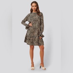 NA-KD Leopard Print Flounce Long-Sleeve Dress, Women’s Medium